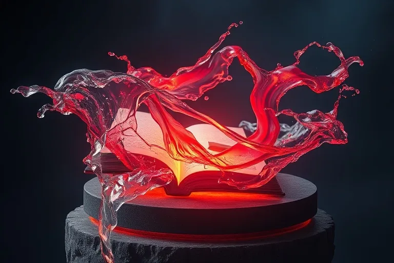 Arte digital conceptual de flujos de agua clara y carmesí que se fusionan, simbolizando la sangre y el agua del costado de Cristo. Resplandor etéreo, fondo oscuro, composición dinámica.