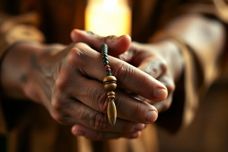 Manos envejecidas en oración con rosario de madera