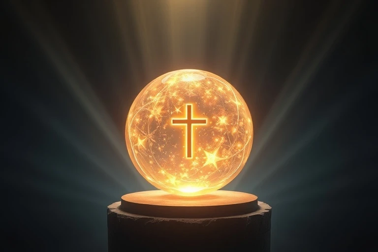 Esfera de rosario digital con rayos de luz y símbolos cristianos