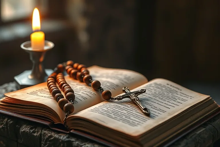Un rosario antiguo de madera y metal, con un libro de oraciones abierto y una vela encendida, creando una atmósfera de recogimiento y devoción. El enfoque macro resalta la textura de las cuentas y el brillo de la llama.