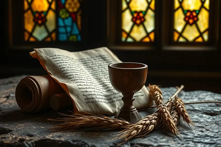 Un antiguo pergamino enrollado con escritura ilegible, un cáliz de madera rústica y un manojo de espigas de trigo secas, todo sobre una mesa de piedra desgastada, bajo una luz dramática que evoca un sentido de sacrificio y tradición.
