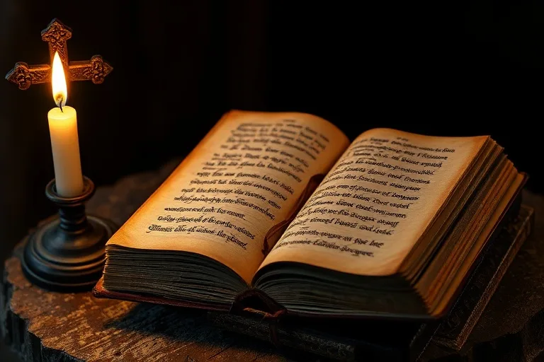 Libro de oraciones antiguo sobre un altar de madera con un crucifijo y una vela