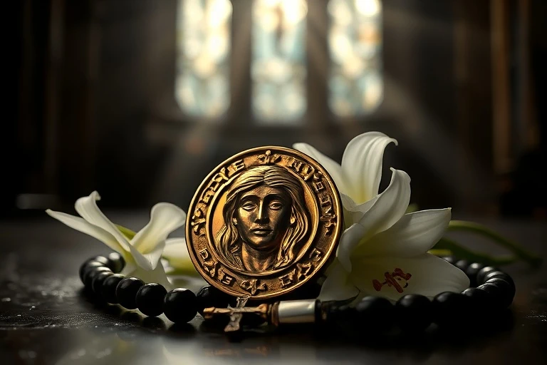 Pintura al óleo de una medalla dorada del Santo Rostro, un rosario y lirios