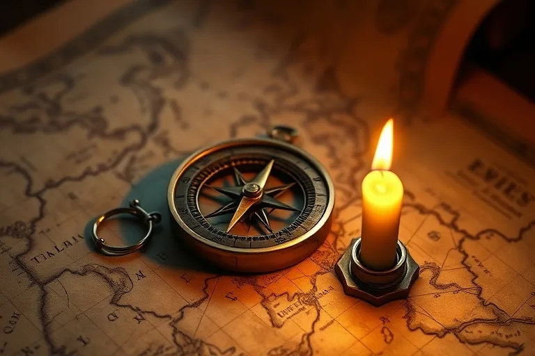 Fotografía cinematográfica de un viejo compás de latón apuntando a un mapa antiguo, con una vela encendida a su lado, simbolizando la búsqueda de dirección y la revelación.