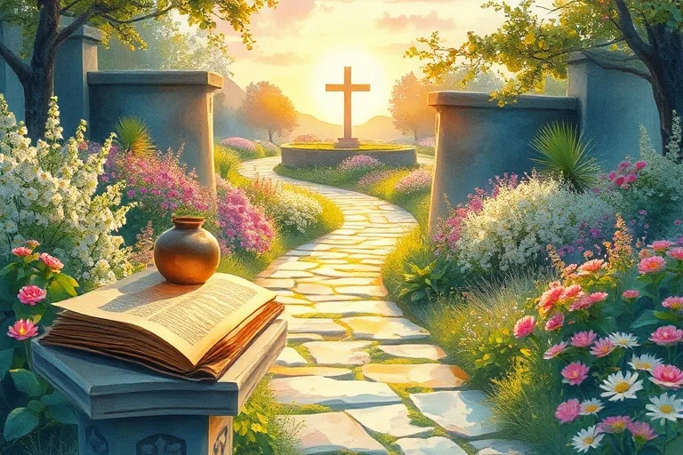 Pintura de acuarela de un sendero sinuoso a través de un jardín floreciente bajo un amanecer dorado, que simboliza el viaje espiritual y la guía divina hacia una cruz distante.