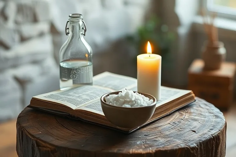 Mesa de madera con botella de agua, sal y vela
