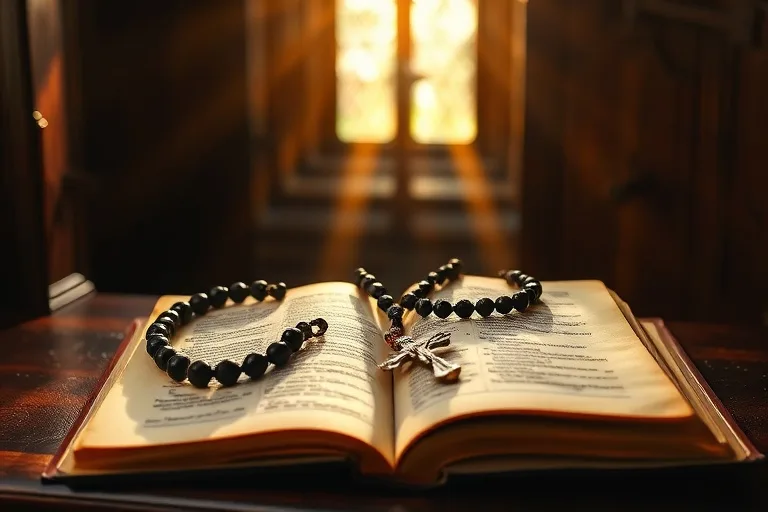 Rosario antiguo sobre Biblia abierta en estante de madera