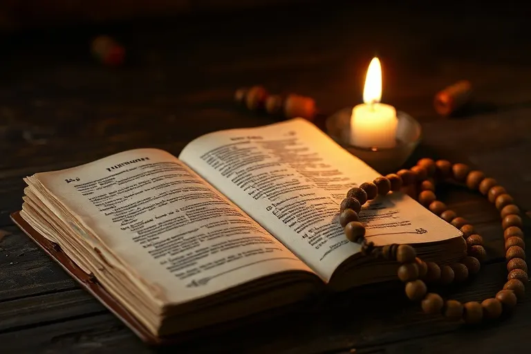 Fotografía vintage de un libro de oraciones antiguo abierto, un rosario de madera y una vela votiva encendida, simbolizando la devoción histórica.