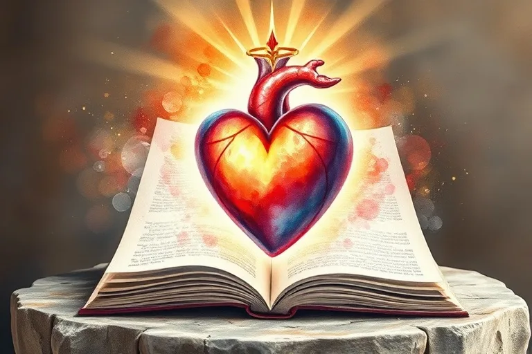 Pintura conceptual en acuarela de un corazón estilizado en tonos rojos, azules y dorados, representando el amor divino y la gracia espiritual.
