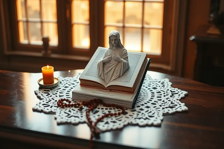 Fotografía cinematográfica de naturaleza muerta, una pequeña y delicada estatua del Sagrado Corazón de Jesús sobre un tapete de encaje blanco inmaculado en una mesa de consola de madera pulida, bañada en un suave y cálido resplandor de una ventana cercana, una sola vela votiva parpadeante a su lado, un rosario suavemente drapeado sobre la base de la estatua. Enfoque en la textura y la luz. Sin humanos, sin rostros, sin personas.