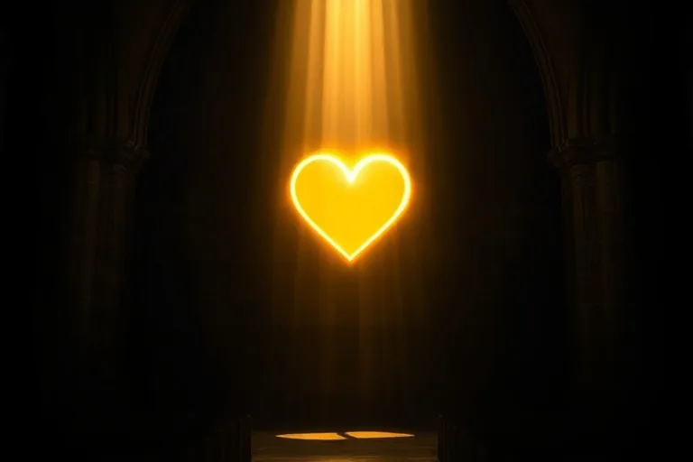 Arte conceptual, luz dorada etérea que irradia de una silueta abstracta en forma de corazón en una pared oscura y texturizada, rodeada de sutiles patrones arremolinados que sugieren energía espiritual y paz, composición minimalista, sombras profundas que contrastan con la luz. Sin humanos, sin rostros, sin personas.