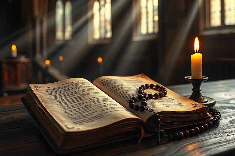 Antiguo misal abierto sobre altar de madera con rosario y vela, fotografía de bodegón