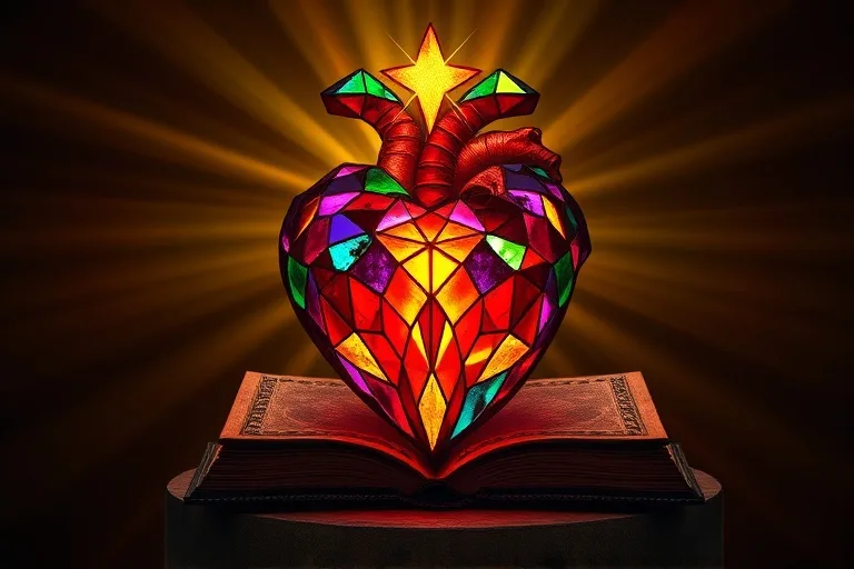 Sagrado Corazón de Jesús en vitral, colores vibrantes, luz a través de formas geométricas
