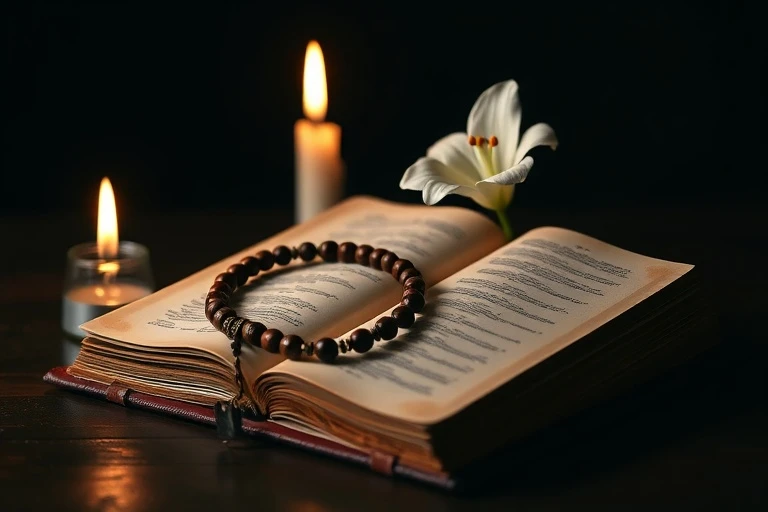 Rosario antiguo sobre una Biblia abierta, con una vela votiva encendida y un lirio blanco, simbolizando devoción y paz.