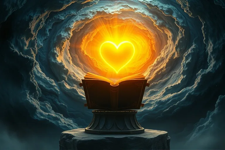 Vórtice de colores azules y grises que se abre para revelar una luz dorada en forma de corazón, simbolizando la esperanza y la paz emergiendo de la angustia.