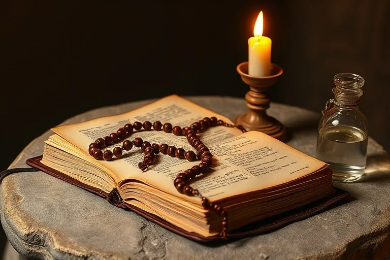 Fotografía de un rosario de madera sobre una Biblia abierta, junto a una vinajera con agua bendita, iluminado por la luz de las velas.