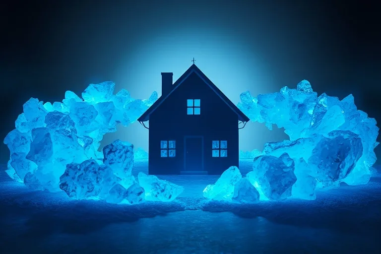 Arte conceptual de una barrera protectora de cristales de sal azul brillante alrededor de la silueta de una casa.