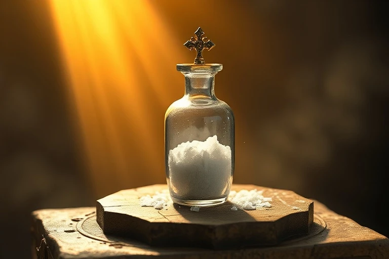 Render 3D de un vial de vidrio con sal fina, iluminado por un rayo de luz dorada en un altar de piedra.