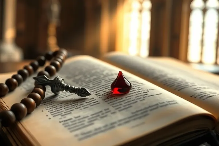 Rosario antiguo sobre una Biblia abierta, con una gota de sangre simbolizando la fe y el sacrificio.