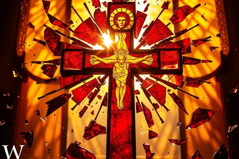 Fragmentos de vitral rojo y dorado formando una cruz, simbolizando la redención y el sacrificio divino.