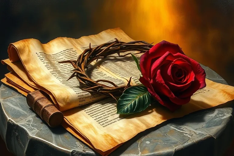 Pintura al óleo de pergaminos antiguos, corona de espinas y rosa roja, simbolizando sacrificio y redención