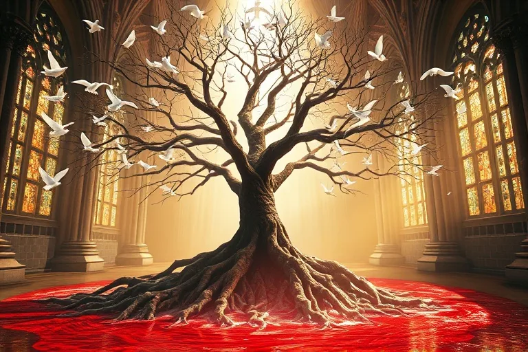 Ilustración 3D de árbol brillante con raíces en líquido carmesí, ramas con palomas, simbolizando nueva vida y purificación