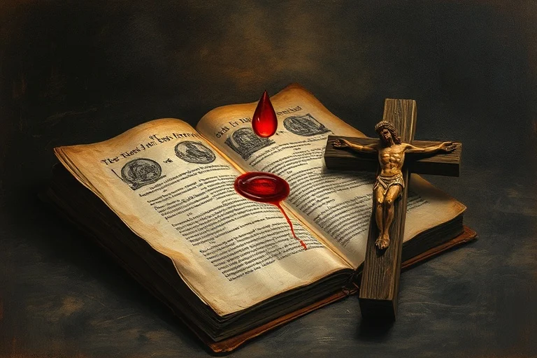 Pintura al óleo de un libro teológico antiguo, un crucifijo de madera y una gota de sangre etérea, simbolizando la doctrina de la Transubstanciación y su legado histórico.