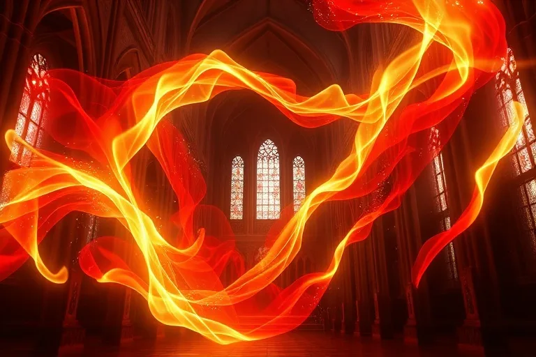 Arte digital 3D abstracto de energía carmesí y dorada fluyendo, simbolizando el poder redentor y la gracia divina de la Sangre de Cristo.