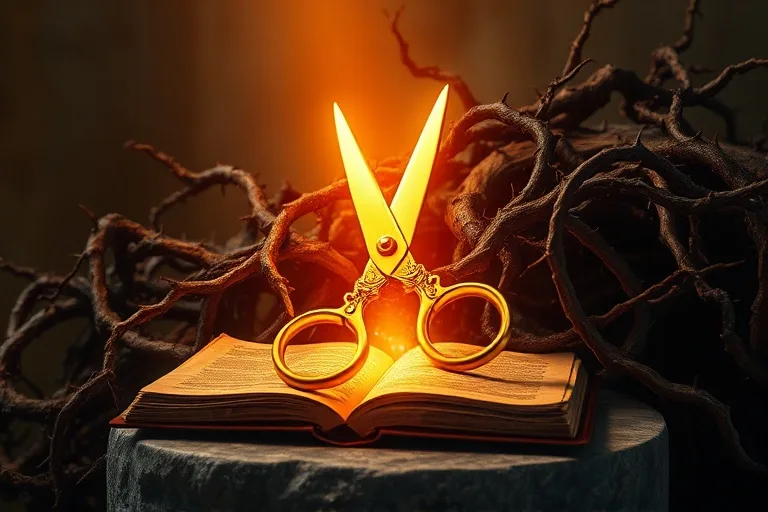 Ilustración 3D conceptual de unas tijeras antiguas de oro cortando enredaderas oscuras y espinosas que representan cargas generacionales, en un entorno de luz purificadora.
