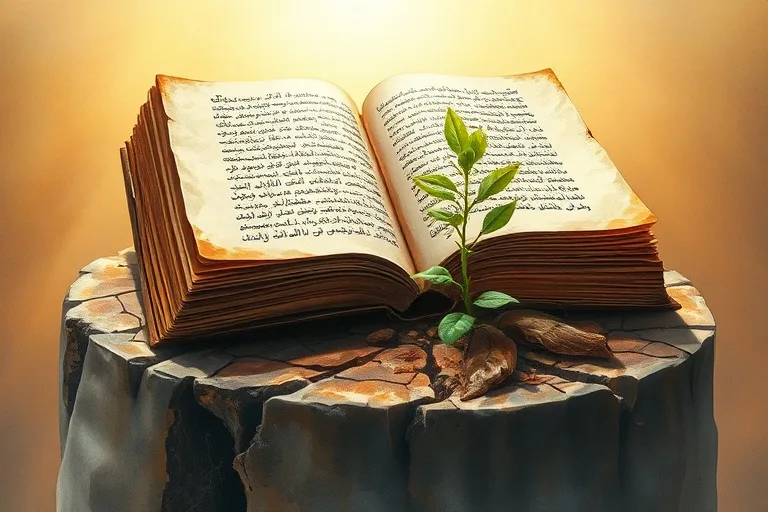 Pintura de acuarela de un libro antiguo abierto con escrituras luminosas, junto a un brote verde vibrante emergiendo de tierra estéril, bajo una luz dorada. Simboliza la renovación espiritual.