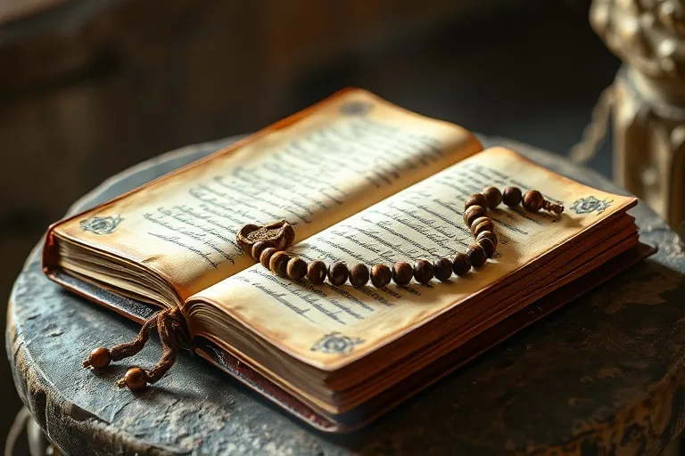 Un diario antiguo de cuero abierto sobre una mesa de madera rústica, con un rosario desgastado encima. Una luz etérea ilumina las páginas manuscritas, simbolizando la difusión de un mensaje espiritual.