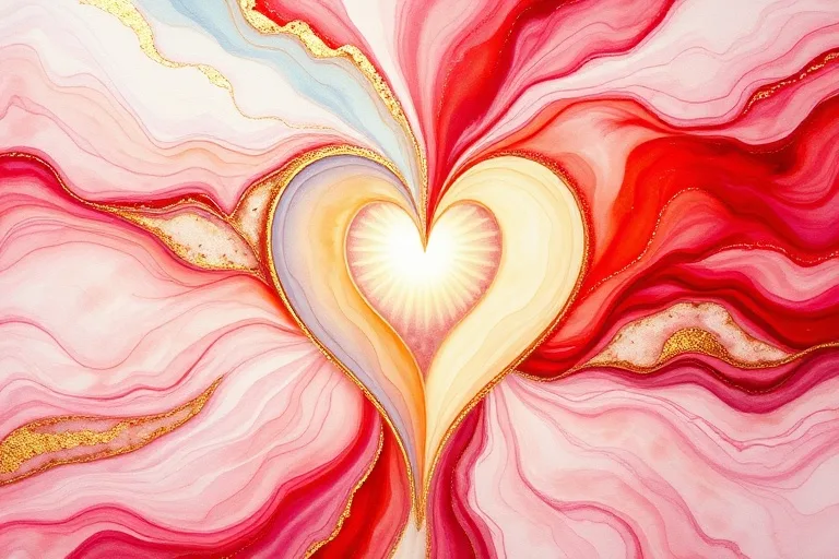 Una pintura abstracta con un río de luz roja y azul pálido que fluye hacia un corazón estilizado y abierto. La composición irradia serenidad y gracia, representando la misericordia divina.