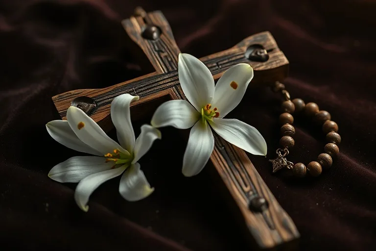 Fotografía de naturaleza muerta de un antiguo crucifijo de madera con un rosario desgastado, iluminado por una luz suave y etérea sobre terciopelo oscuro, con un lirio blanco delicado al lado.