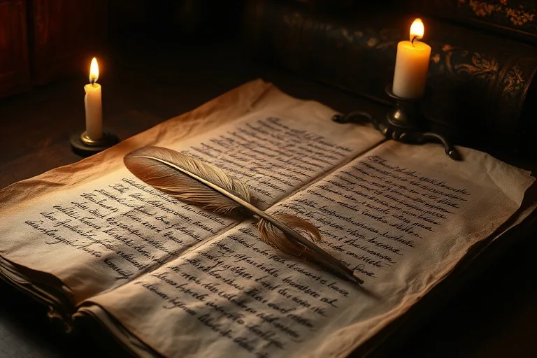 Pintura estilo de viejos maestros de un pergamino desgastado con escritura a mano tenue, una pluma de ave reposando sobre él, iluminado por el cálido resplandor de una vela parpadeante en un estudio tranquilo y contemplativo.