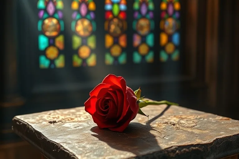Pintura al óleo de una rosa roja con espinas sobre un altar de piedra, iluminada por luz divina que atraviesa un vitral, simbolizando el sufrimiento y la belleza espiritual.