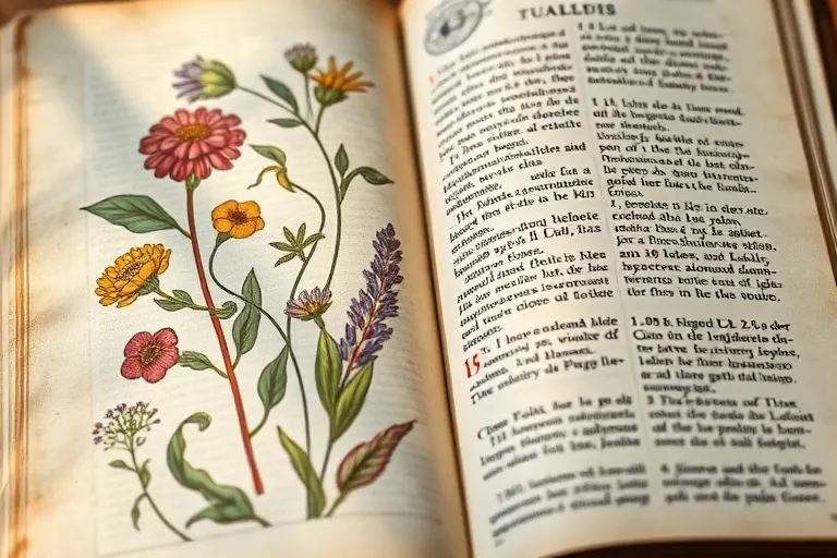 Detalle de un antiguo herbario con ilustraciones de plantas medicinales y notas en latín, simbolizando el conocimiento botánico de Hildegarda.