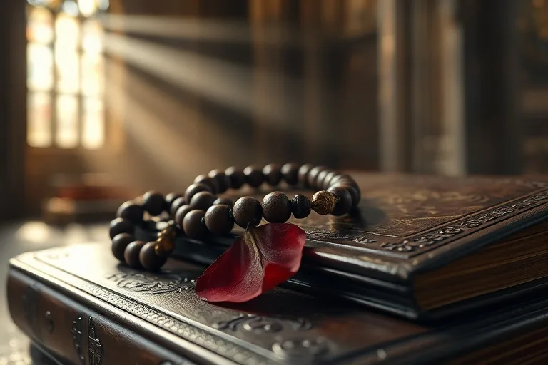 Un rosario antiguo y gastado reposa sobre un libro de oraciones de cuero, con un pétalo de rosa seca, evocando la devoción y la fe inquebrantable de Santa Rita.