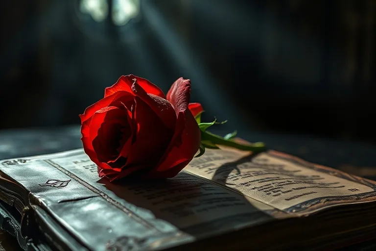 Una rosa roja espinosa sobre un antiguo libro de oraciones, con una luz suave y dramática, simbolizando el sufrimiento y la fe de Santa Rita.