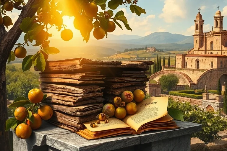 Pintura al óleo de una colmena rústica entre ramas de higuera florecidas, con luz milagrosa sobre un paisaje italiano sereno, simbolizando la dulzura y los milagros de Santa Rita.