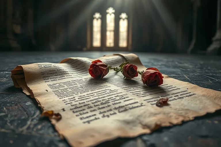 Papiro antiguo con inscripciones latinas y rosas secas, simbolizando la historia y los milagros de la santa.