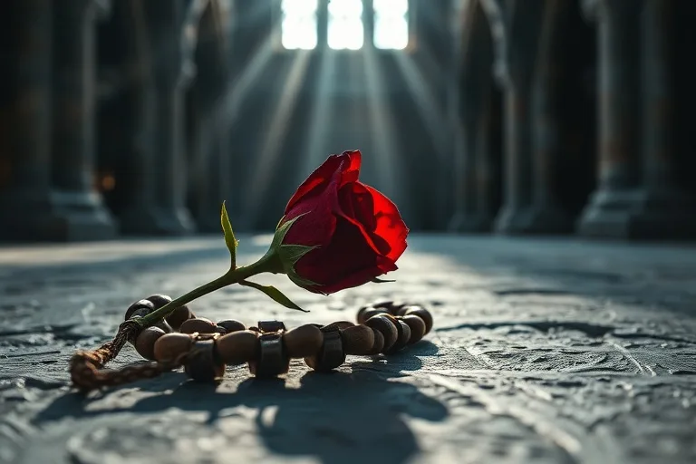 Ilustración conceptual de un rosario entrelazado con una rama de rosas con espinas, sobre una superficie de piedra, simbolizando la fe y el sufrimiento.