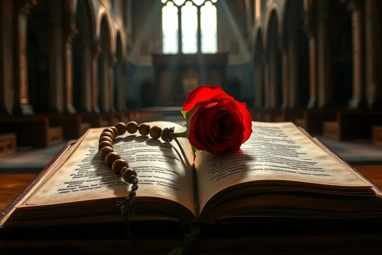 Un rosario de madera antiguo y un libro de oraciones abierto con una rosa roja y una espina, iluminados por una luz tenue, simbolizando la fe y el sufrimiento de Santa Rita.