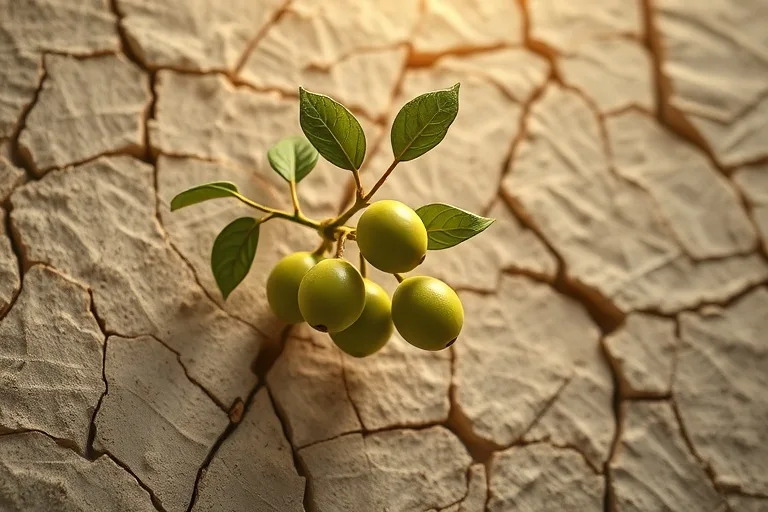 Una rama de higuera con frutos verdes emergiendo de una pared árida y agrietada, bañada por una luz celestial, representando la esperanza y lo imposible.