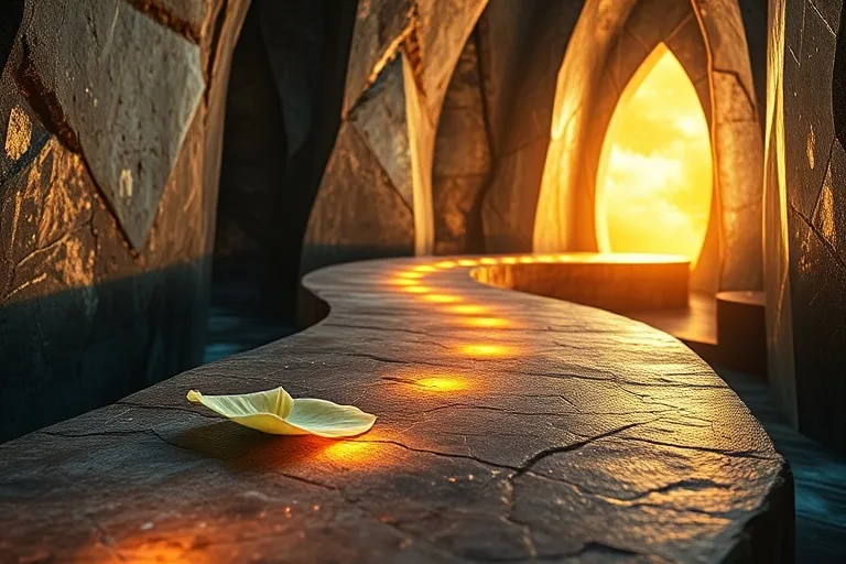 Ilustración digital de un camino luminoso a través de cámaras abstractas, simbolizando el viaje espiritual
