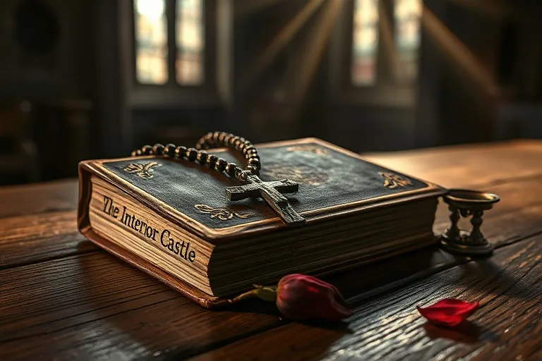 Primer plano de un escritorio antiguo de madera con un libro de tapa dura titulado 'Las Moradas', un tintero con una pluma de ave, un rosario de madera simple y una vela encendida, iluminado por una luz suave y natural.