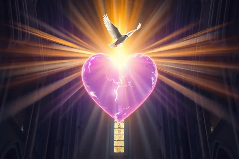 Arte conceptual de un corazón etéreo y brillante rodeado de velos translúcidos de luz, con una paloma blanca ascendiendo hacia una luz divina. Predominan los tonos azules, púrpuras y dorados.