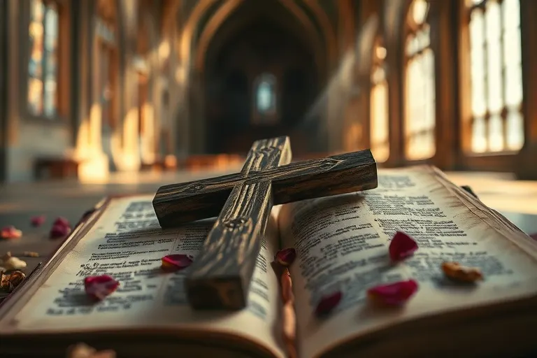 Un crucifijo de madera desgastado sobre un diario abierto con escritura antigua y pétalos de rosa secos, iluminado por una luz suave.