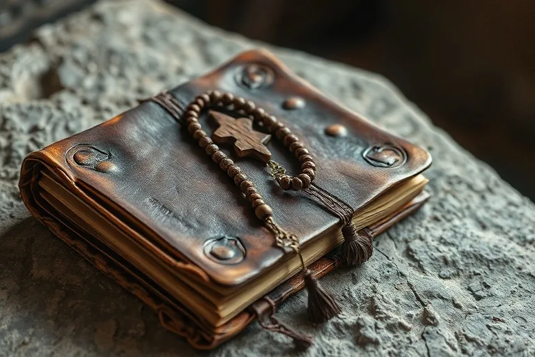 Un antiguo libro de oraciones de cuero desgastado con un rosario de madera simple, iluminado por una luz etérea, sobre piedra rústica.