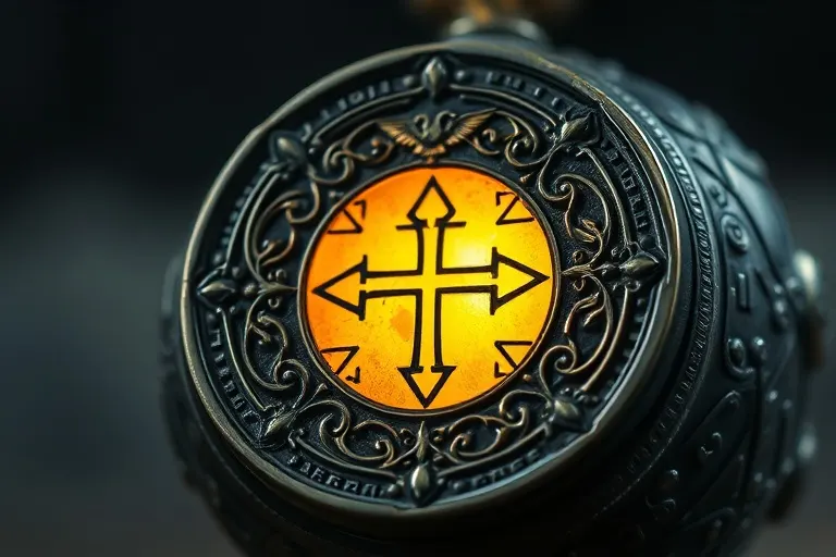 Detalle de un relicario antiguo y ornamentado, con símbolos religiosos grabados, emitiendo un brillo suave desde su interior.