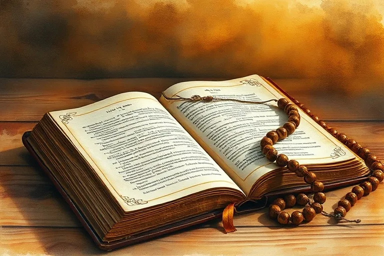 Pintura de acuarela de una Biblia antigua abierta con texto iluminado, junto a un rosario desgastado, todo bañado en una luz cálida.